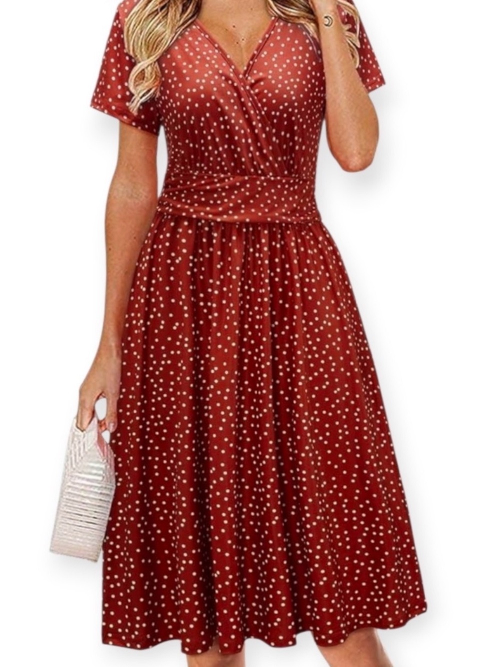 OUGES Rust Polka Dot Midi Dress with Pockets
